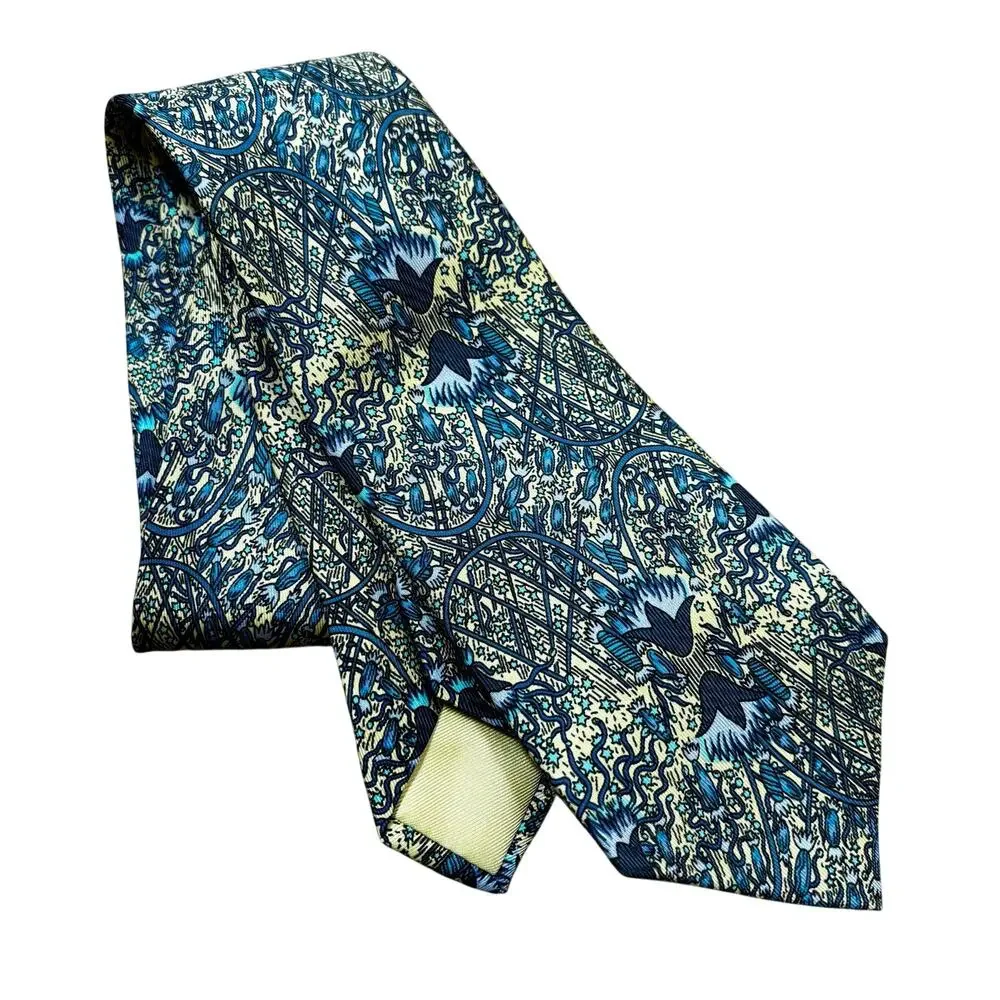 Classic Hermes Paris silk neck tie 7048-TA yellow blue Fireworks Feux d'Artifice